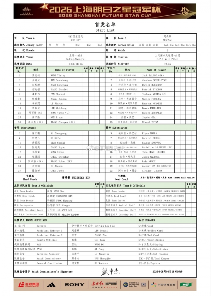 U17国足今晚迎战阿森纳U17 邝兆镭赵松源领衔首发 科瓦奇执法