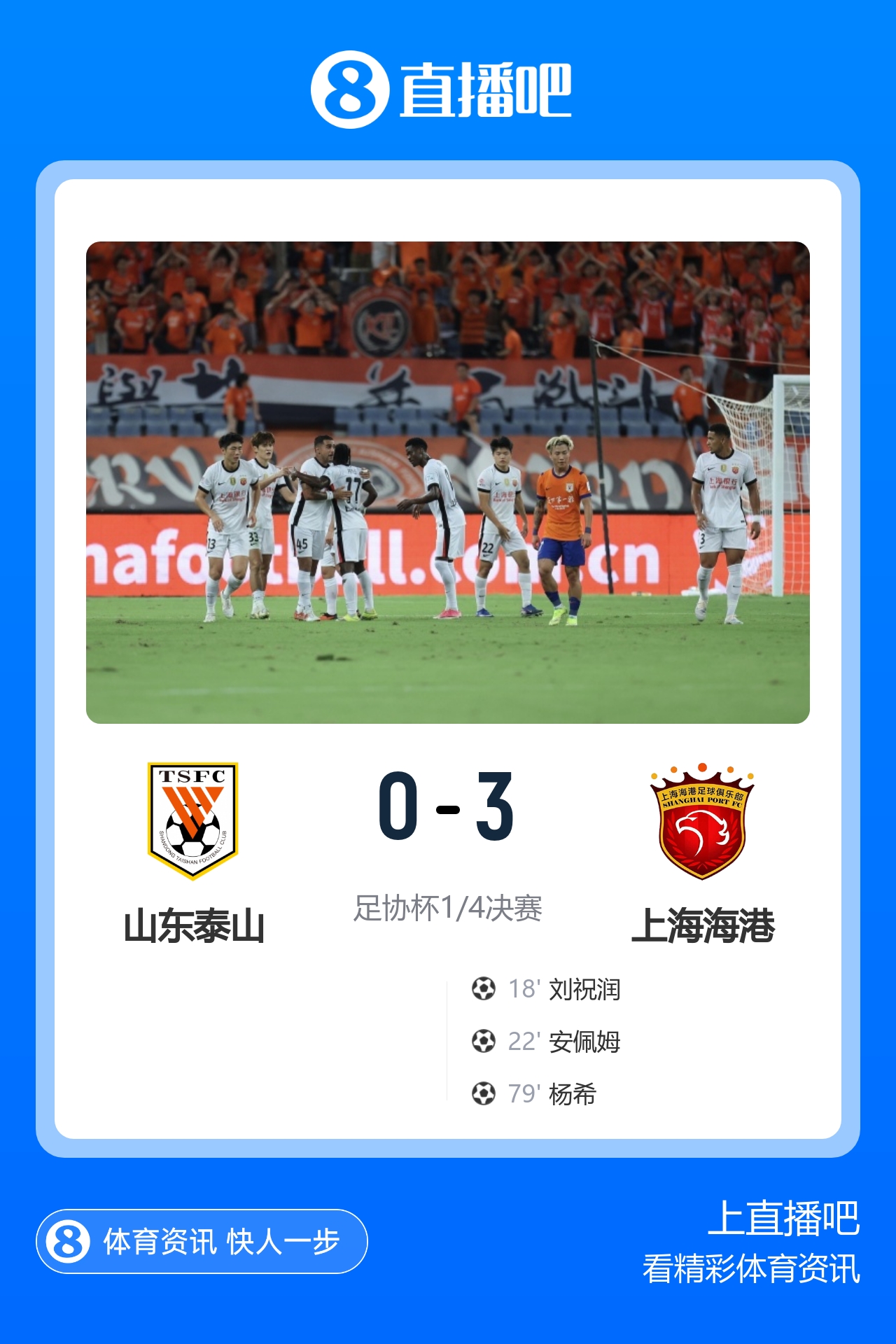 海港3-0客胜泰山晋级足协杯4强 杨希传射刘祝润、安佩姆4分钟2球 海港3-0客胜泰山晋级足协杯4强 杨希传射刘祝润、安佩姆4分钟2球